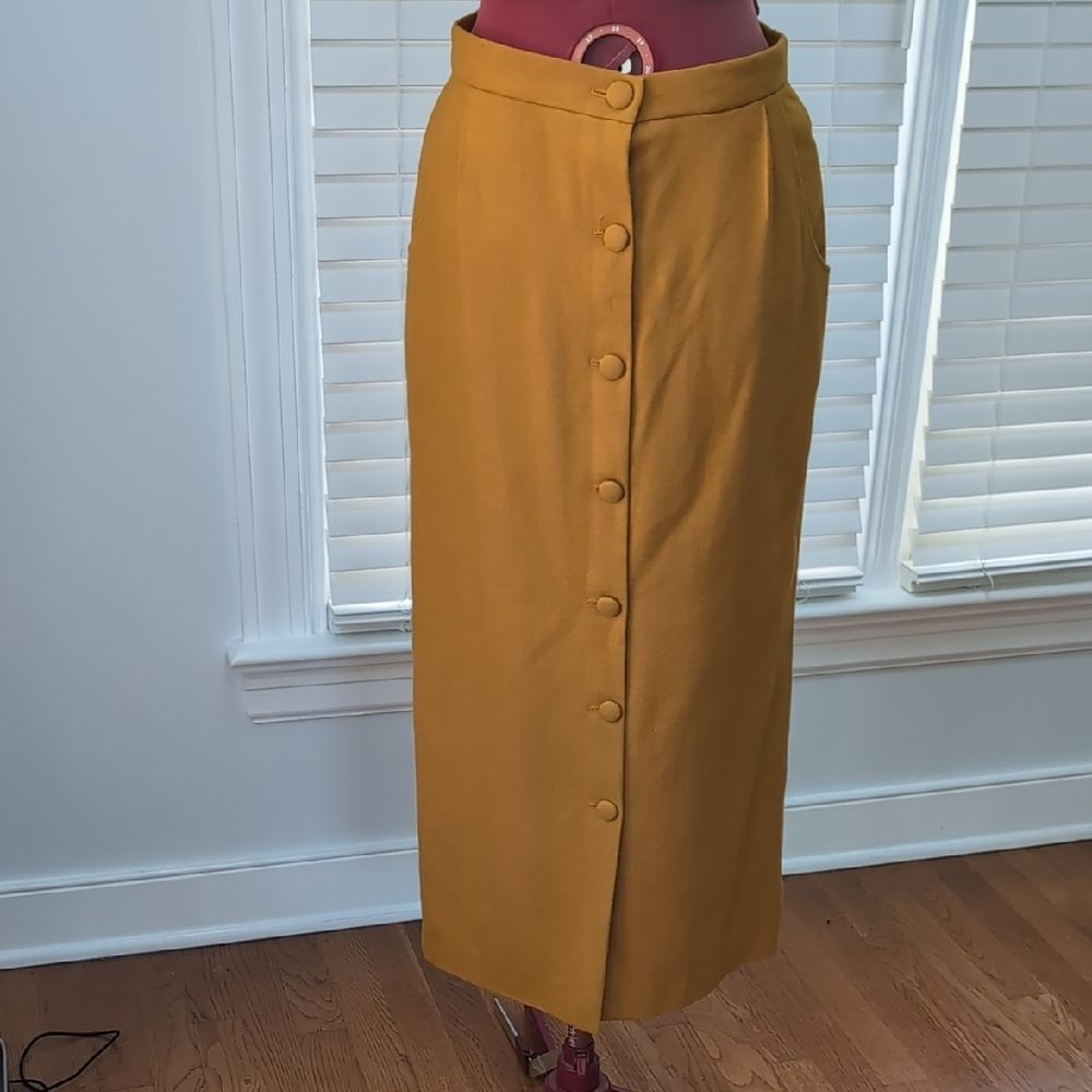 Vintage Handmade Yellow Gold Long Wool Button Front Skirt Lined Classic Retro